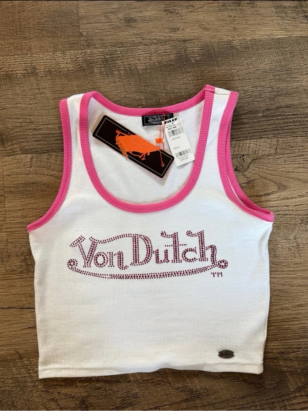 Von Dutch Rhinestone Cropped Tank Top White Pink NWT Size Medium